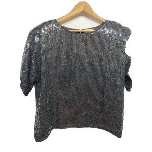 Rina Z Womens Vintage Sequin Beaded Top Sz L Black Short Sleeve Shoulder Pads